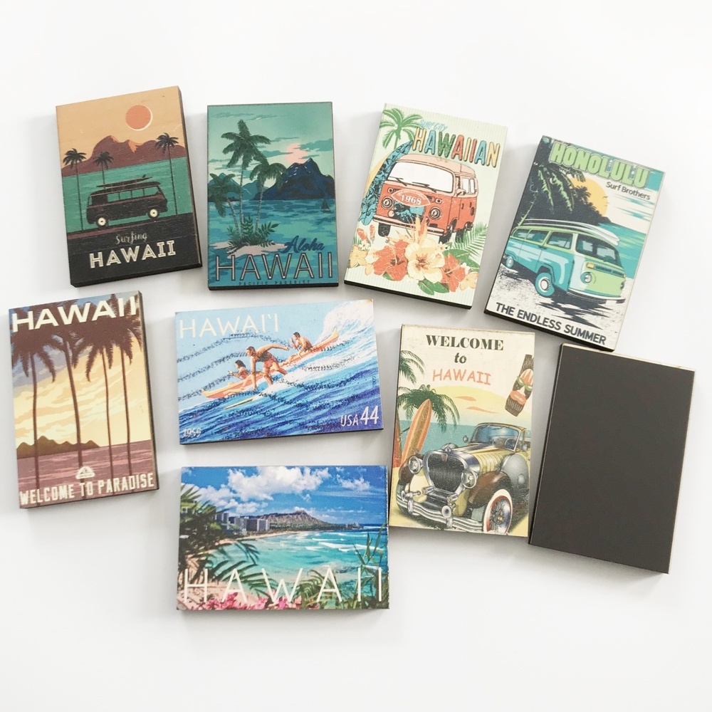 Hawaii Tourism Souvenirs Small Wood City Photo Magnet with UV Logo Printing Modern Design for Fridge Use