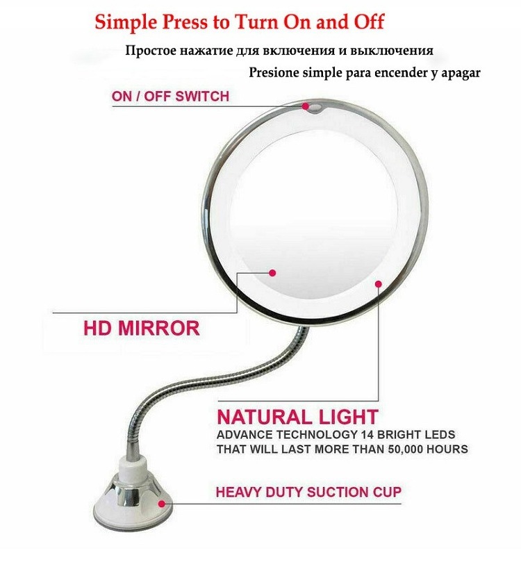 MP040 10X LED Magnifying Light Makeup Mirror Bathroom Use Travel Mirror With Strong Suction Cup Adjustable LED Makeup Mirror