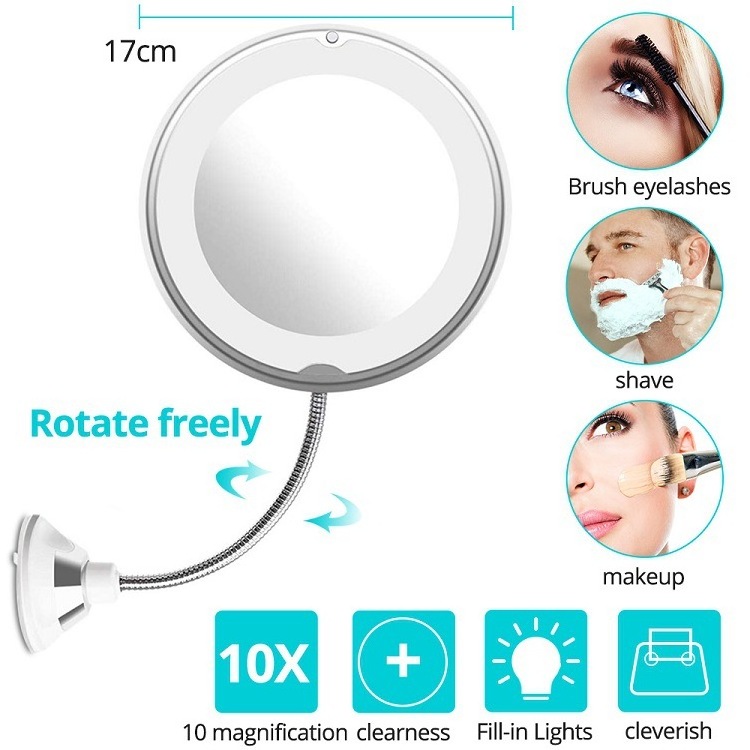 MP040 10X LED Magnifying Light Makeup Mirror Bathroom Use Travel Mirror With Strong Suction Cup Adjustable LED Makeup Mirror