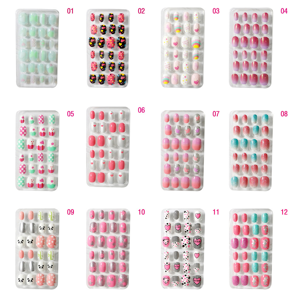 NAF012 24pcs children artificial nail tips false fake nail press on nails designed with backside adhesive colorful Rainbow Heart