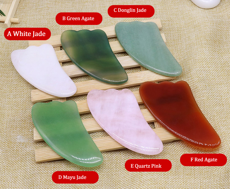 JD015 White green agate Rose Quartz Guasha Board Natural  jade stone Gua Sha Scraper Tools cleat shape