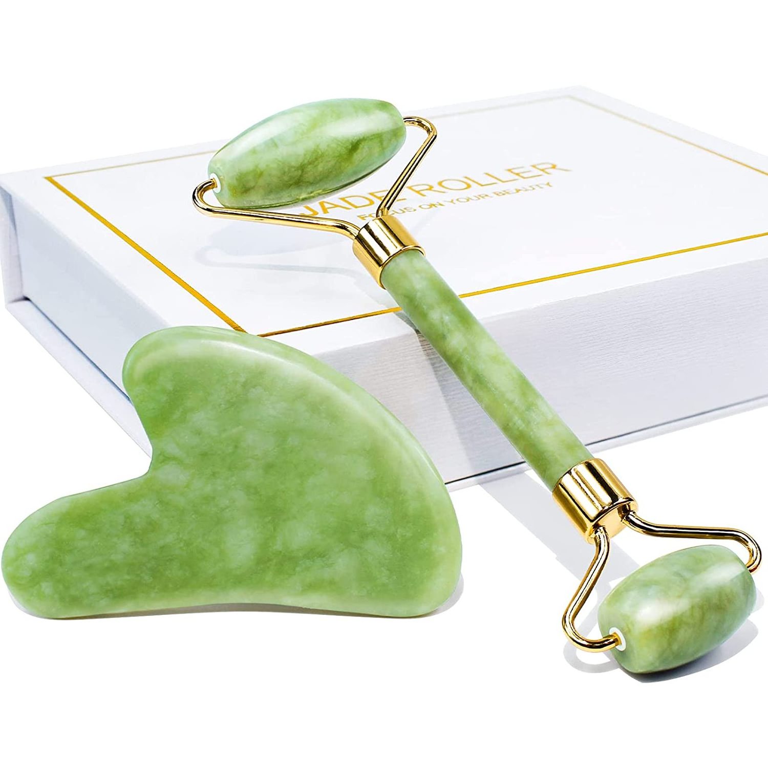 Anti Aging Massage jade roller green and Gua Sha of Cosmetics Face Skin Roller Set jade roller facial massager for neck and face