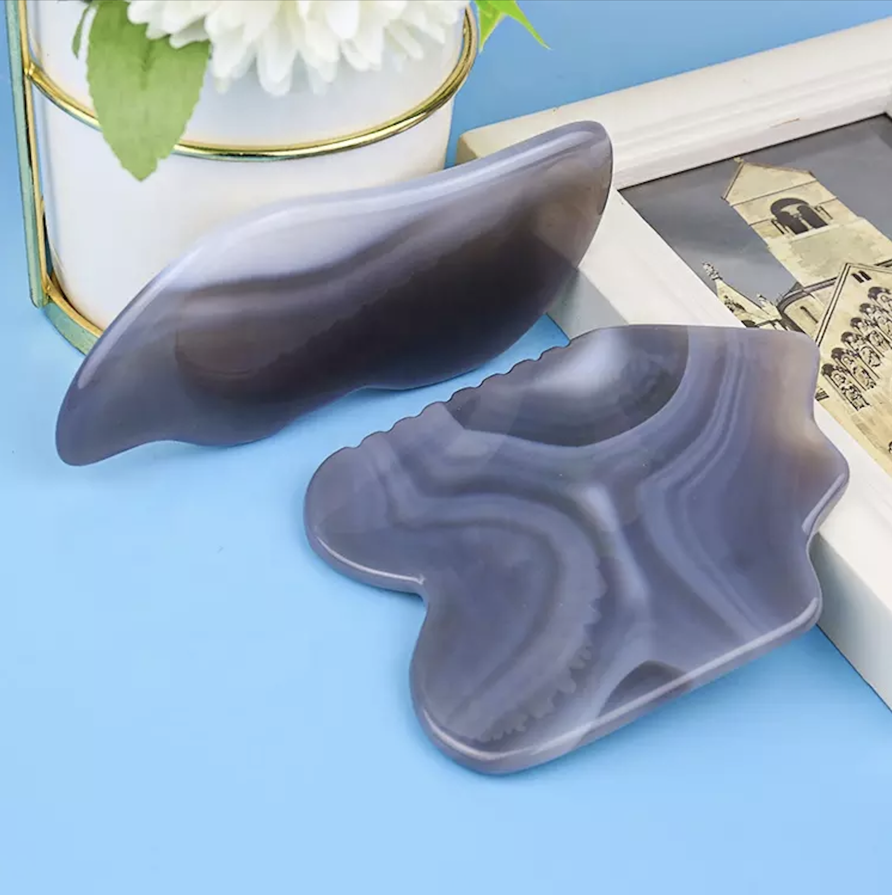 Gua sha Grey agate gua sha stone set Jade guasha knob facial massage tool board kit nephrite gua sha