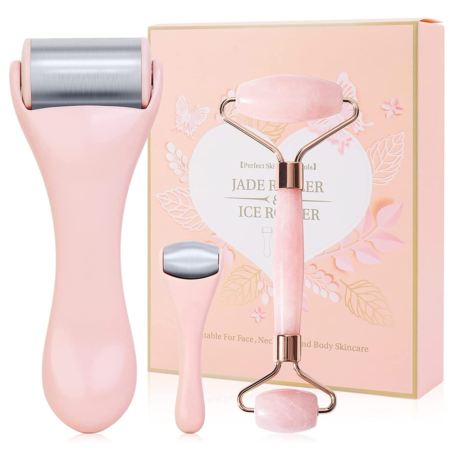 2023 New 6 In 1 Jade Roller Set Rose Quartz With Dema Rollers Cooling Ice Roller for Private Label