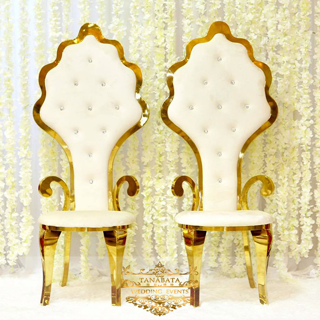 high back armrest gold stainless steel metal leather royal king throne dining chair