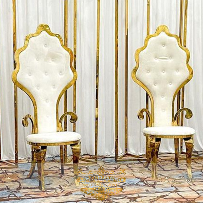 high back armrest gold stainless steel metal leather royal king throne dining chair