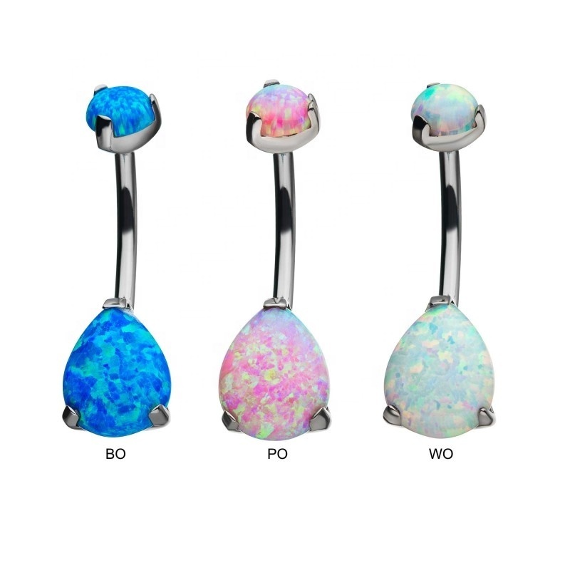 G23 ASMT F136 Titanium 14G 16G Internally Thread Double Opal 3-Prong Teardrop Navel Curve Piercing Jewelry