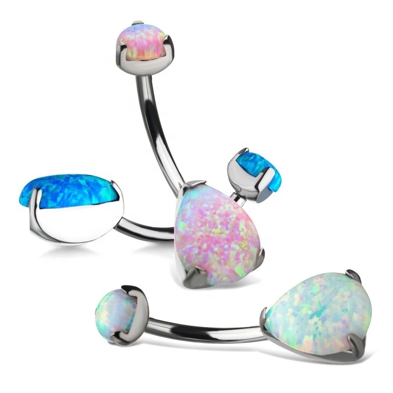 G23 ASMT F136 Titanium 14G 16G Internally Thread Double Opal 3-Prong Teardrop Navel Curve Piercing Jewelry