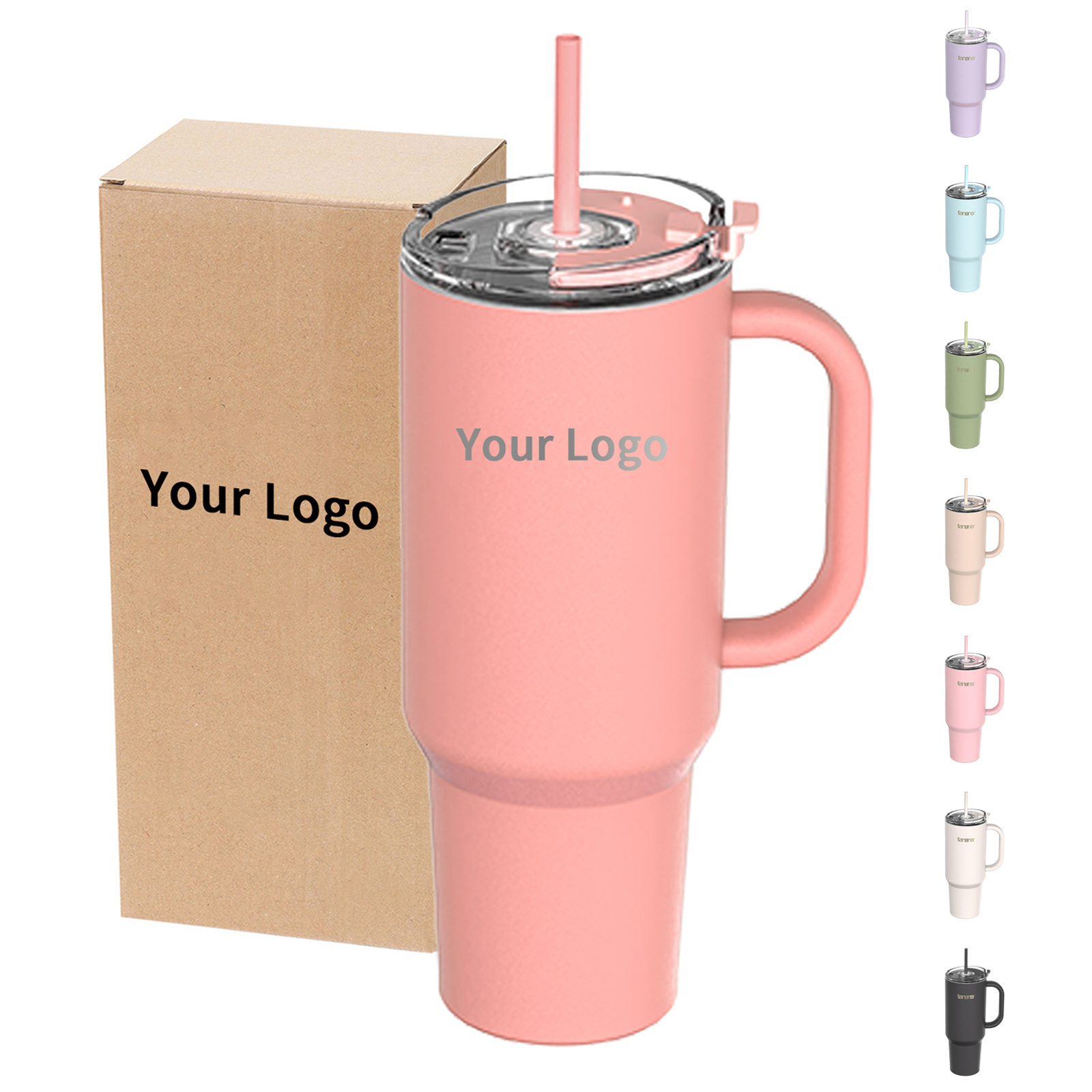 Custom Logo 40oz Double Wall Stainless Steel Coffee Travel Mug w/ Lid and Straw 40 Oz Cup Vacuum Insulated Tumbler with Handle