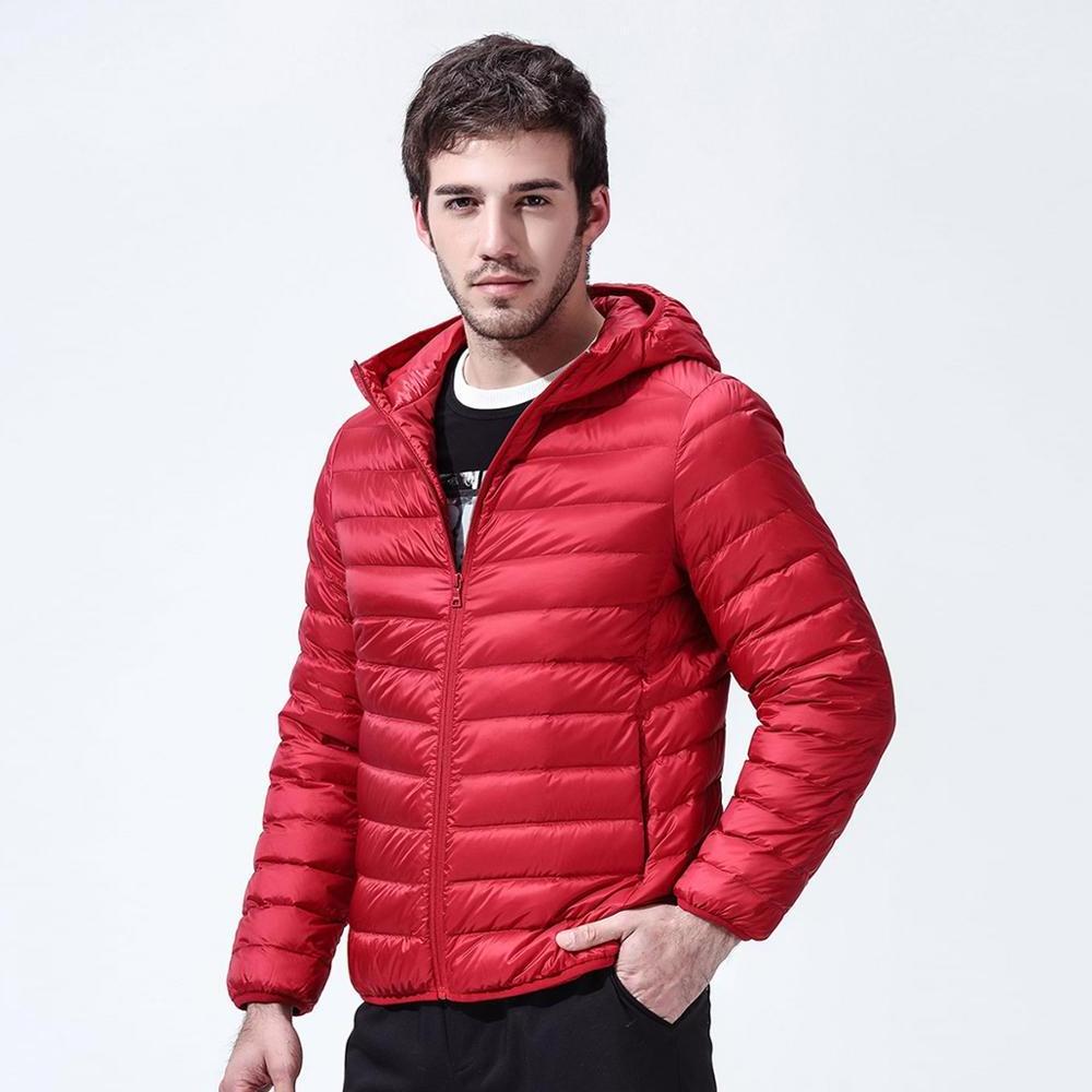 men red high quality packable  hooded light weight short soft material  down jacket