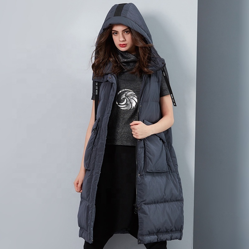 Custom womens fashion plus size coats hooded sleeveless jackets long duck down puffer vest for female