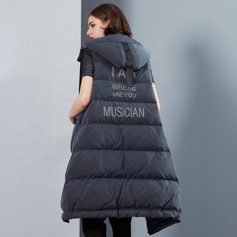 Custom womens fashion plus size coats hooded sleeveless jackets long duck down puffer vest for female