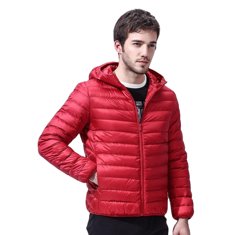 men red high quality packable  hooded light weight short soft material  down jacket