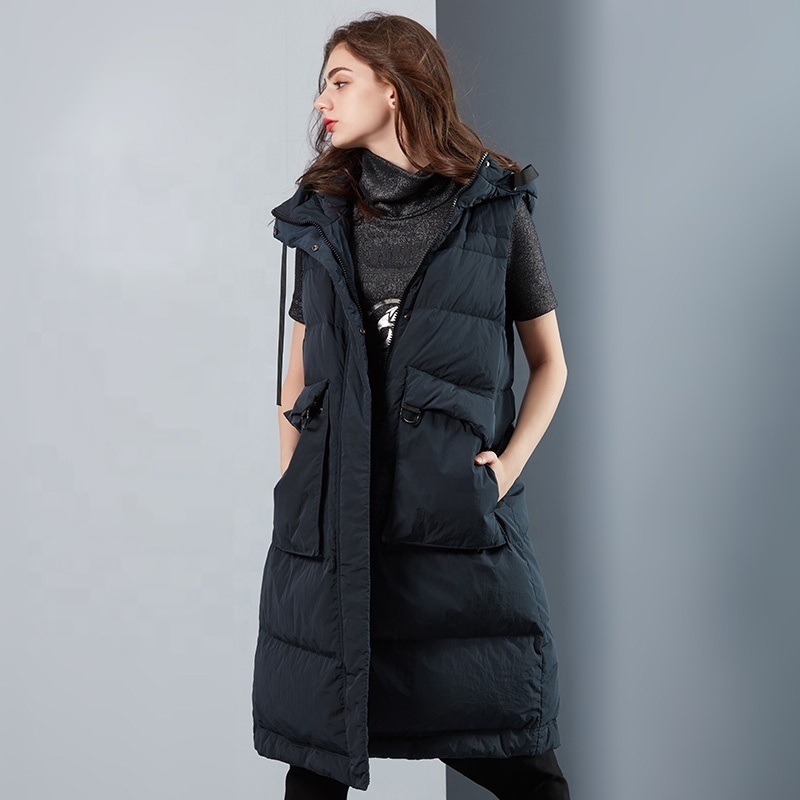 Custom womens fashion plus size coats hooded sleeveless jackets long duck down puffer vest for female