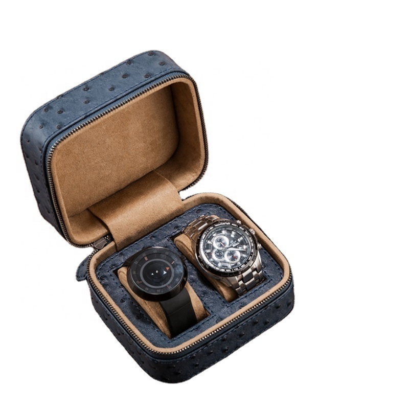 Guangzhou Customize Portable watch box blue brown Zipper 2 slot travel watch bag Ostrich grain leather watch roll