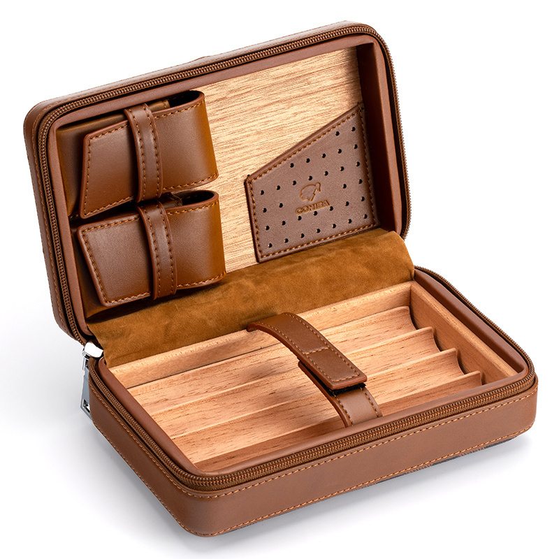 New Sale Luxury High End Leather Cigar Case Portable Travel Cedar Wood Humidor Box with Customized Logo