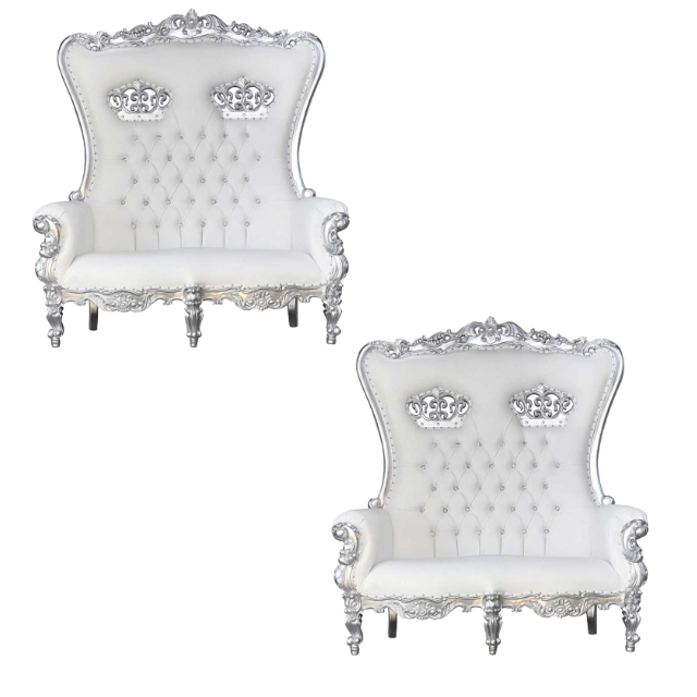 Luxury Royal Throne Double Seats White Leather King And Queen Wedding Loveseat Throne High Back Chair For Wedding And Hotel