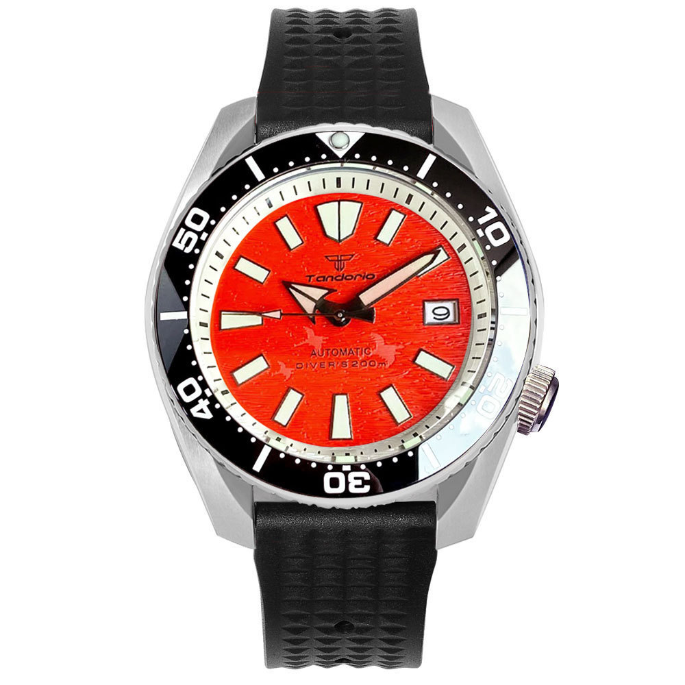 Diver Tandorio 3.8 Steel Mechanical Watch Men NH35 Movt Waterproof Wristwatch Black Waffle Band Orange/White Dial 42.5mm