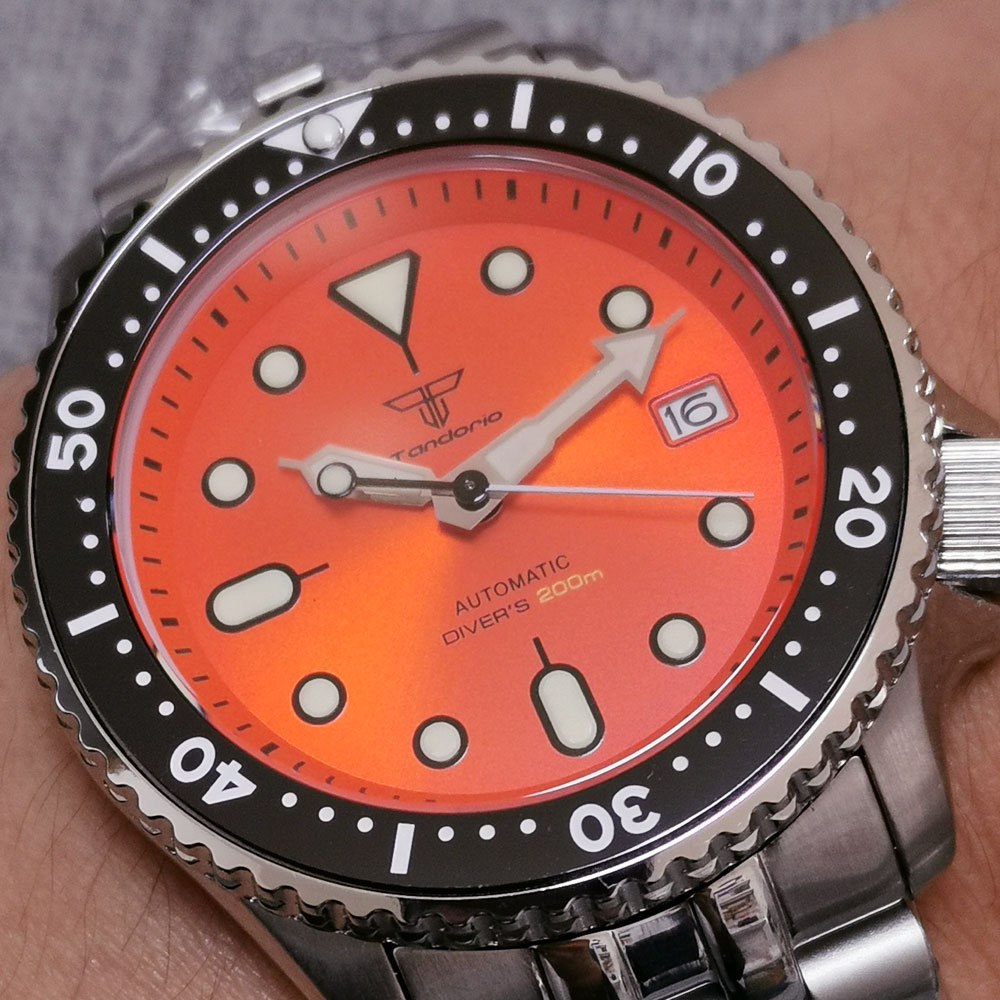 Tandorio Men Watches 41mm Diver Retro Luxury Sapphire NH35 Automatic Mechanical Vintage Watch 20Bar Luminous Orange SKX 120Click