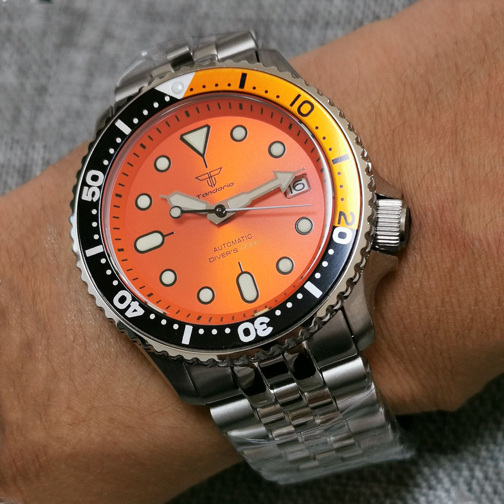 Tandorio Men Watches 41mm Diver Retro Luxury Sapphire NH35 Automatic Mechanical Vintage Watch 20Bar Luminous Orange SKX 120Click