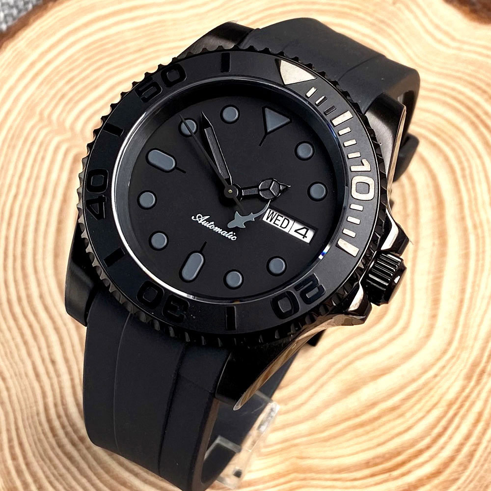 40mm Black SUB Dive Mechanical Watch Men NH35 Movement Black Shark Hand 20bar Waterproof Wristwatch Curved Silicone Band 40mm