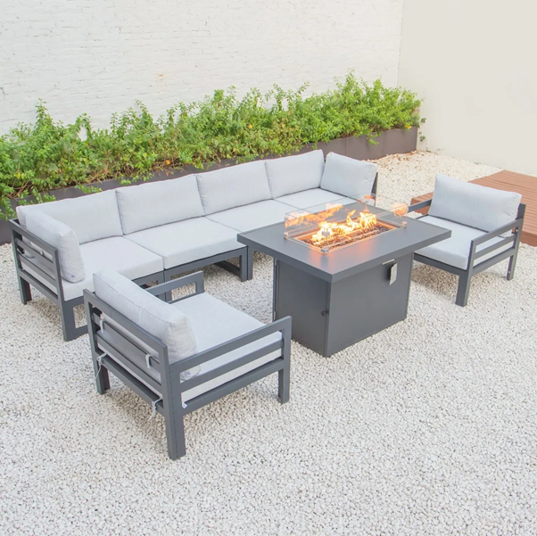 Luxury Metal Aluminum Frame sectional sofa Patio Outdoor Garden Sofa Set with fire pit table