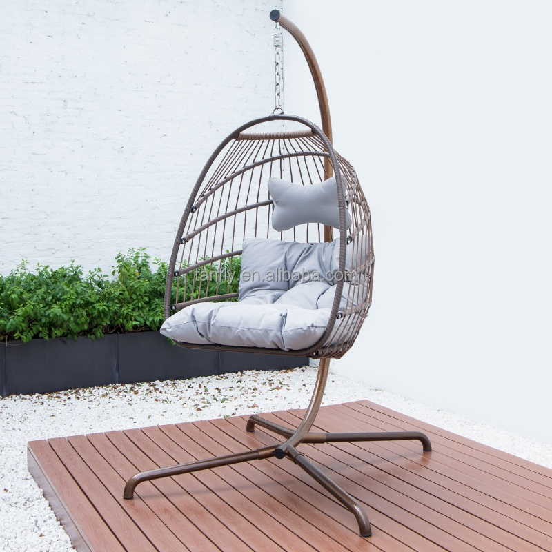 Foldable Wicker Hanging Egg Chair Rope Swing Chair Rattan Outdoor  Patio Swing With Metal Stand