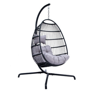 Foldable Wicker Hanging Egg Chair Rope Swing Chair Rattan Outdoor  Patio Swing With Metal Stand