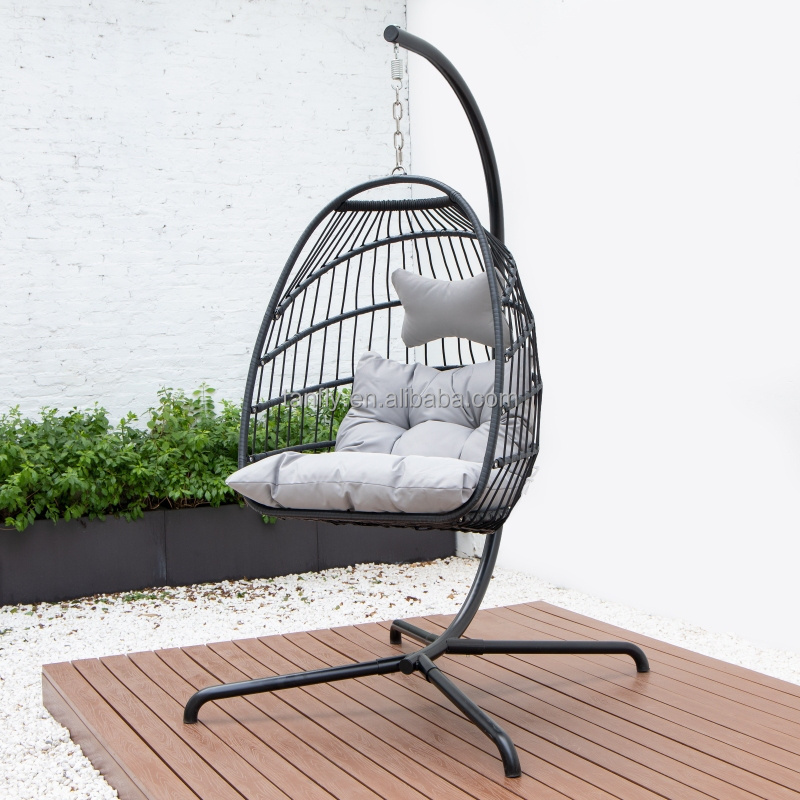 Foldable Wicker Hanging Egg Chair Rope Swing Chair Rattan Outdoor  Patio Swing With Metal Stand