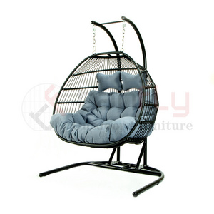 Two Persons Hanging Egg Chair Double Seats Rattan Swing Chair With U-shaped Base