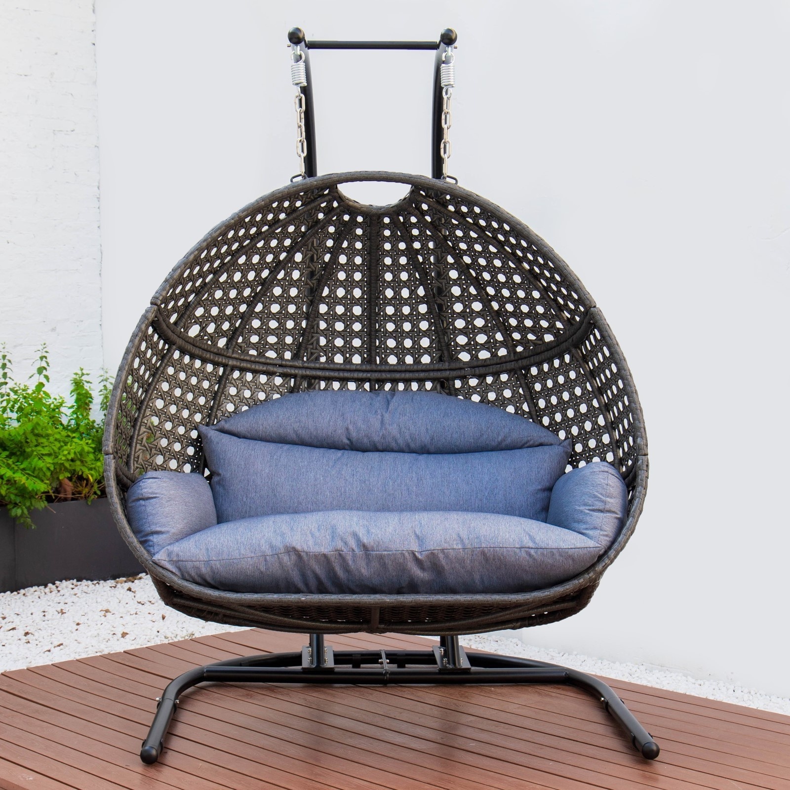 Double Egg Swing Chair Patio Hanging Rattan Swing Egg Chair With Stand