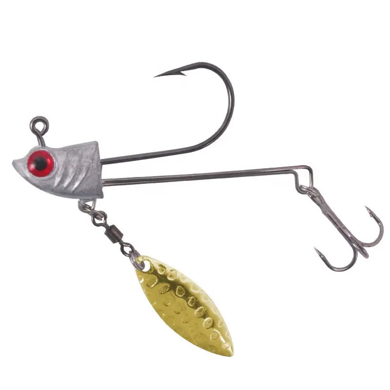 Bionic fish head 3D red eyes blood trough hook jig heads with spinner golden noisy