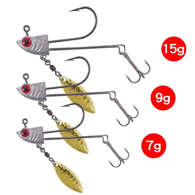 Bionic fish head 3D red eyes blood trough hook jig heads with spinner golden noisy