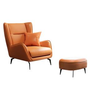 Cheap Luxury Modern Design Leather Simple Orange Accent Lounge Leisure Chair Office Arm Chair With Stool Living Room Furniture