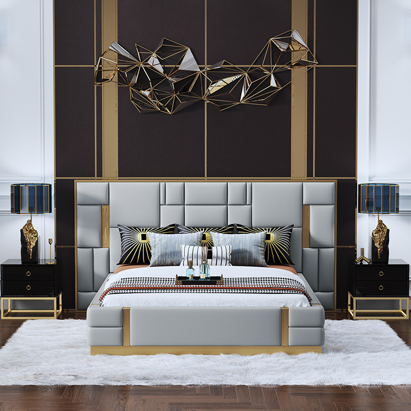 Luxury Italian Design Leather Grey Headboard King Size Queen Size Double Bed Frame Beds With Storage Bedroom Set Furniture