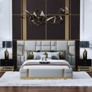 Luxury Italian Design Leather Grey Headboard King Size Queen Size Double Bed Frame Beds With Storage Bedroom Set Furniture