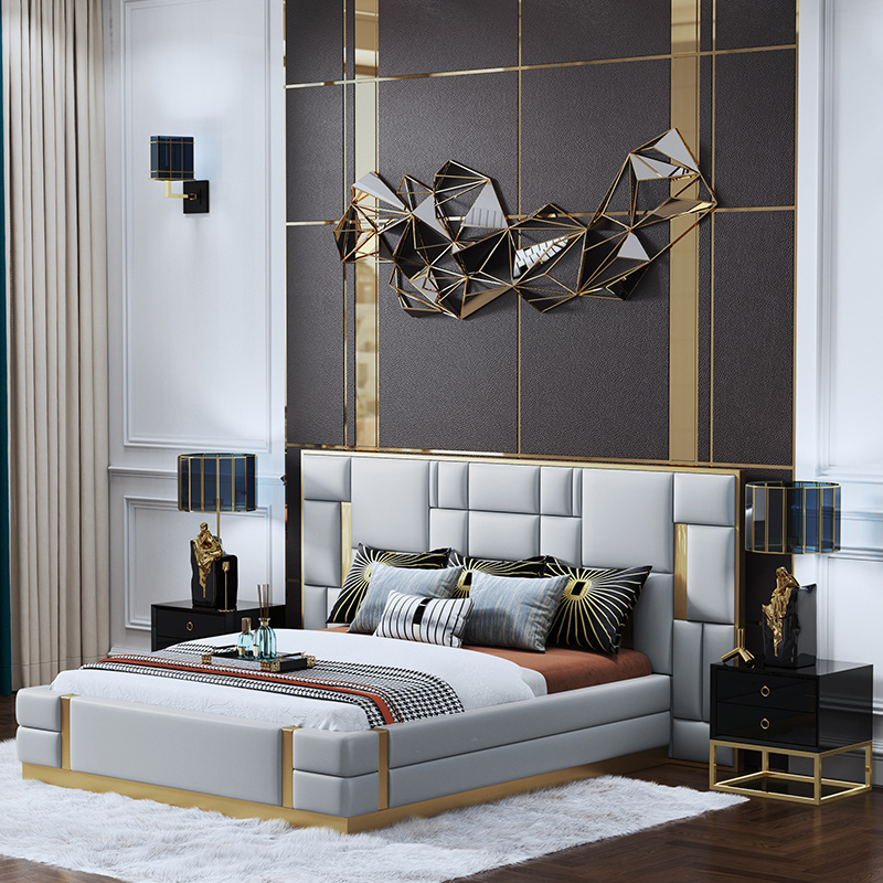 Luxury Italian Design Leather Grey Headboard King Size Queen Size Double Bed Frame Beds With Storage Bedroom Set Furniture