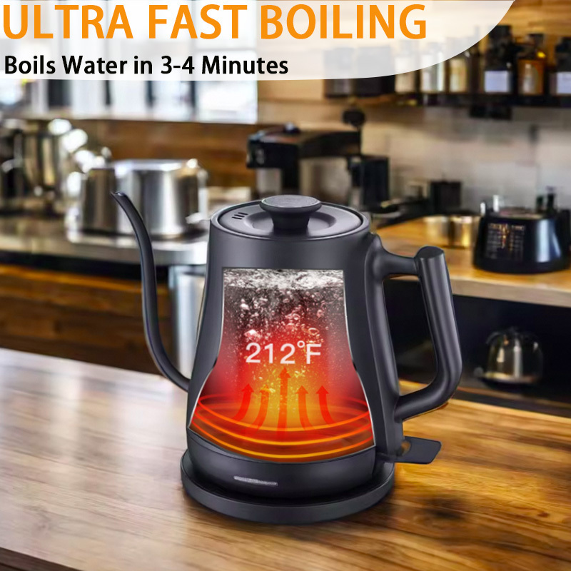 1.0L 1500W Portable Electric Coffee Kettle 304 Stainless Steel Gooseneck Electric Kettle for Pour Over Coffee or Tea