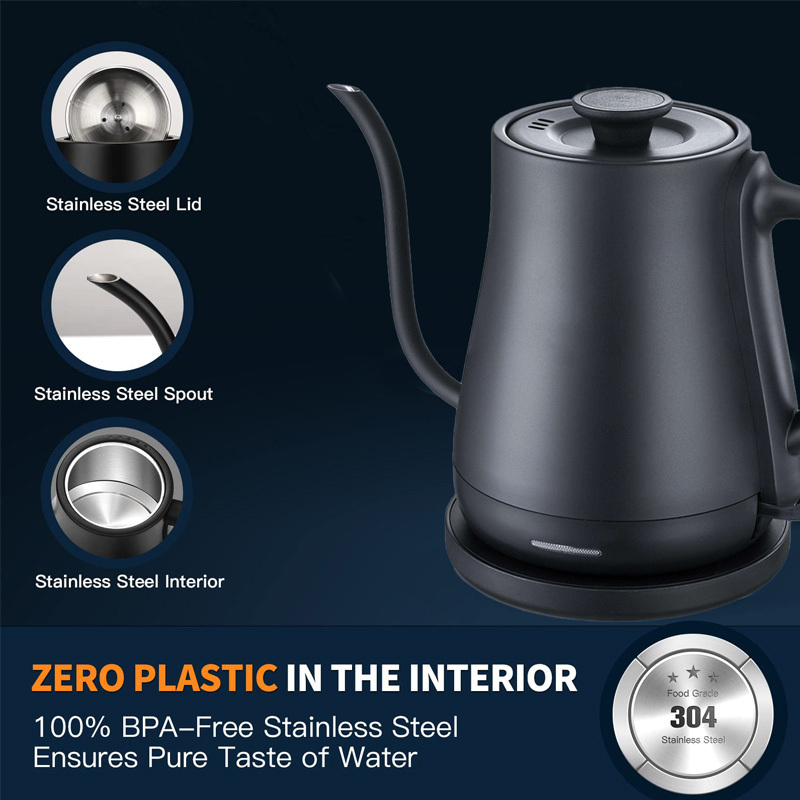 1.0L 1500W Portable Electric Coffee Kettle 304 Stainless Steel Gooseneck Electric Kettle for Pour Over Coffee or Tea