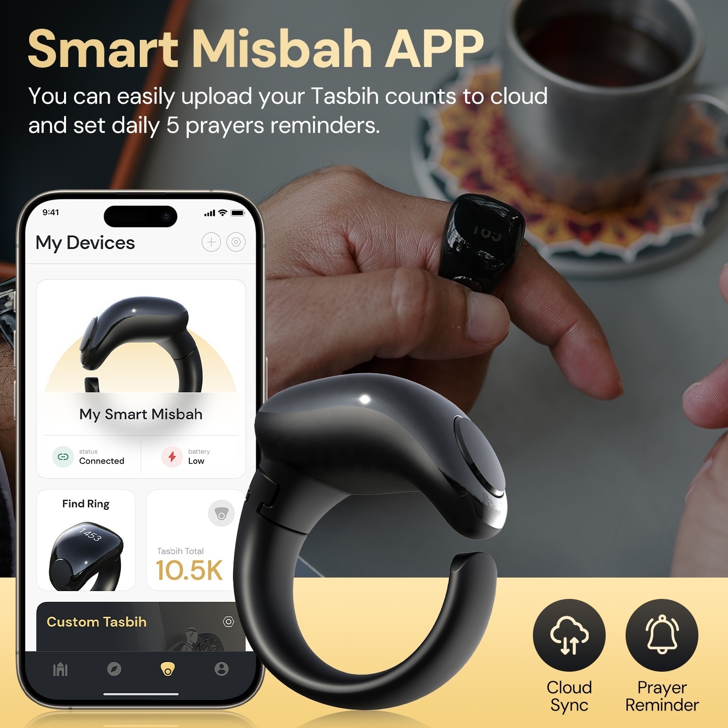 Muslim unique products 2024 electronic muslim ring with wireless charging smart zikr ring with  Magnetic charging