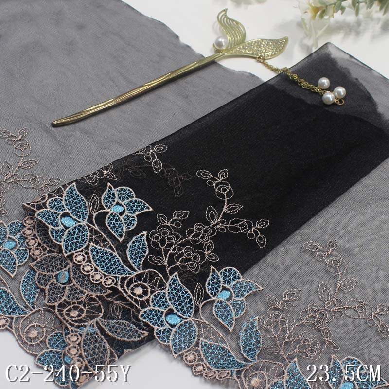 Wholesale Cheap 24cm Flowers Tulle Floral Embroidered Lace Trim Black Voile Embroidery Lace Fabric for Women Lingerie