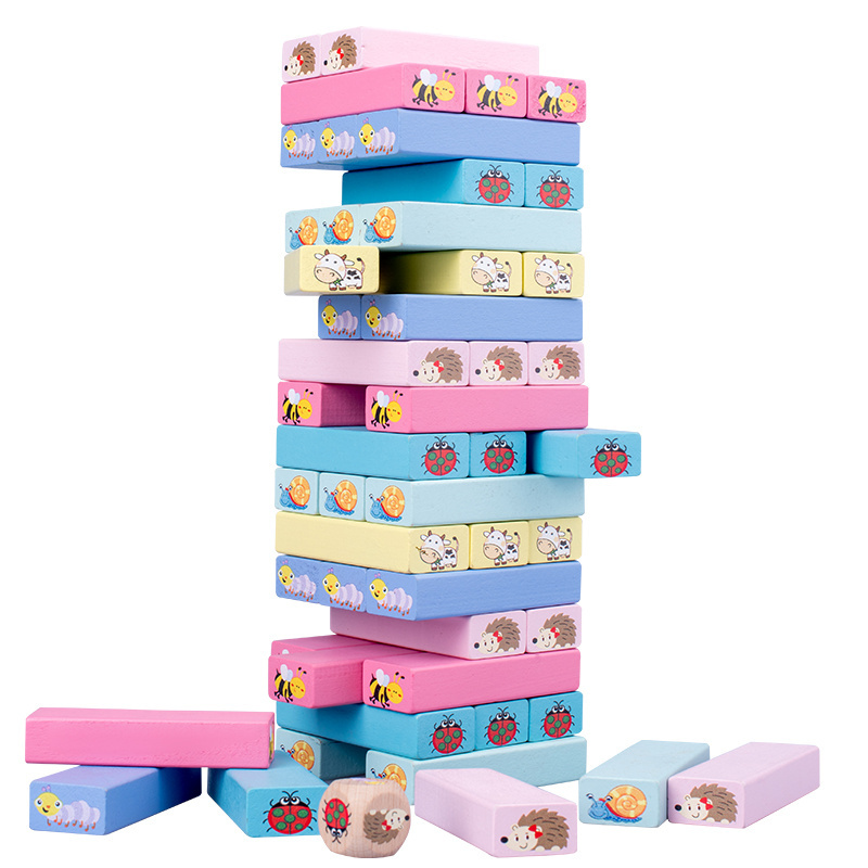 Classic Wooden Blocks Colorful Wooden Toys Tumbling Tower Animal Board Game Stacking Numbers Blocks for Kids