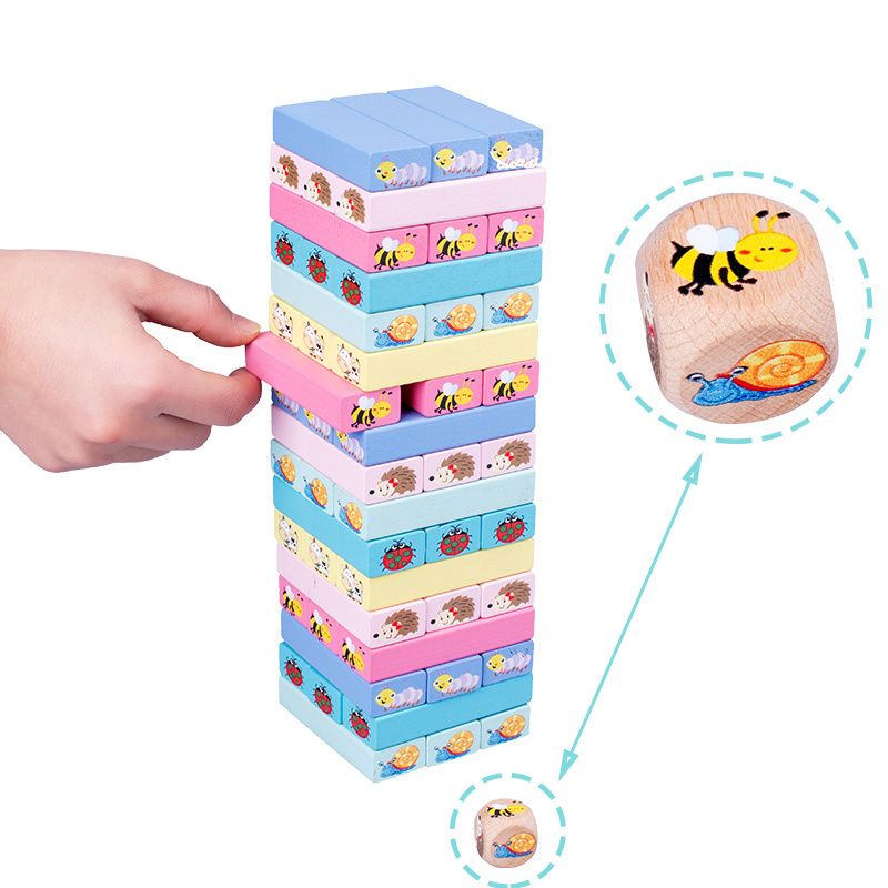 Classic Wooden Blocks Colorful Wooden Toys Tumbling Tower Animal Board Game Stacking Numbers Blocks for Kids