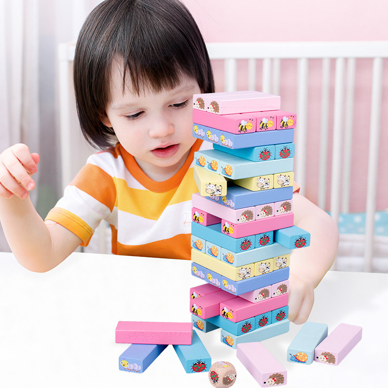 Classic Wooden Blocks Colorful Wooden Toys Tumbling Tower Animal Board Game Stacking Numbers Blocks for Kids