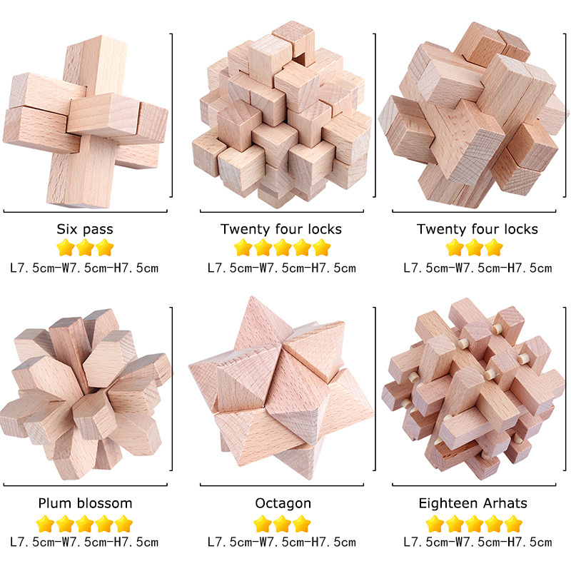 6 in 1 Kongming Luban Lock Brain Puzzle Teaser Chinese Traditional Unique 3D Wooden Puzzle Educational Toys for Teens and Adults