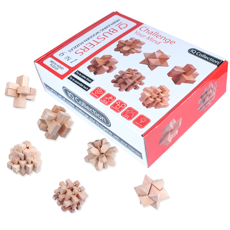 6 in 1 Kongming Luban Lock Brain Puzzle Teaser Chinese Traditional Unique 3D Wooden Puzzle Educational Toys for Teens and Adults