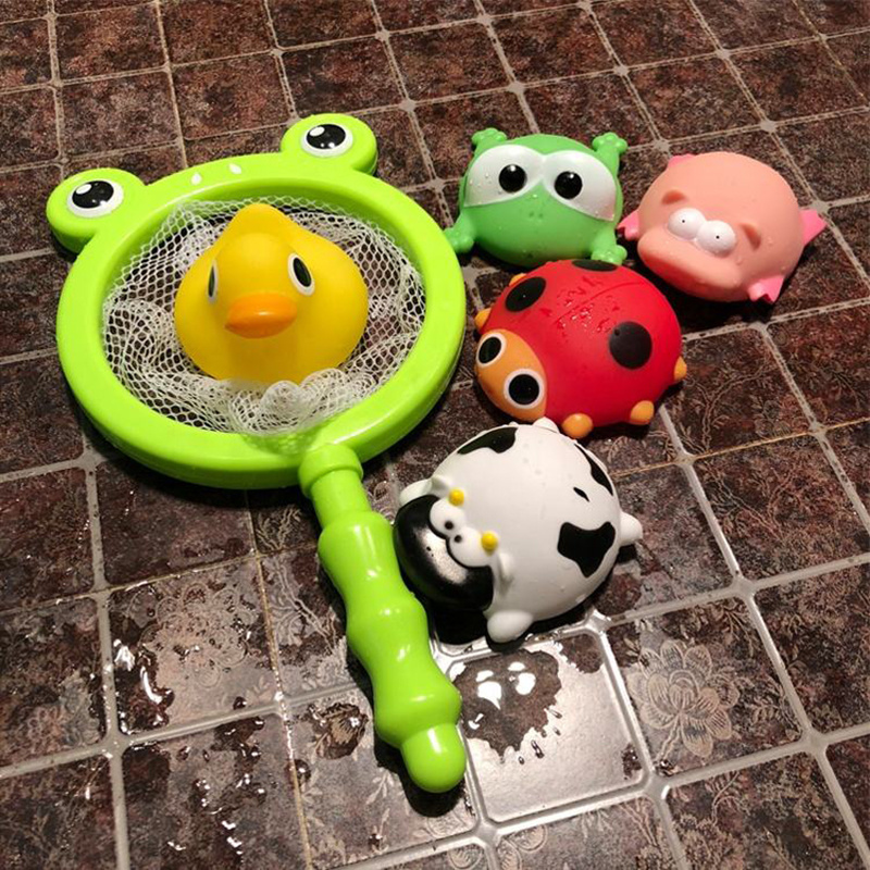 Cute Spray Animal Bath Toys Baby Rubber Animal Bathing Toy Set Cartoon Frog Fishing Net Bathing Pool Toys