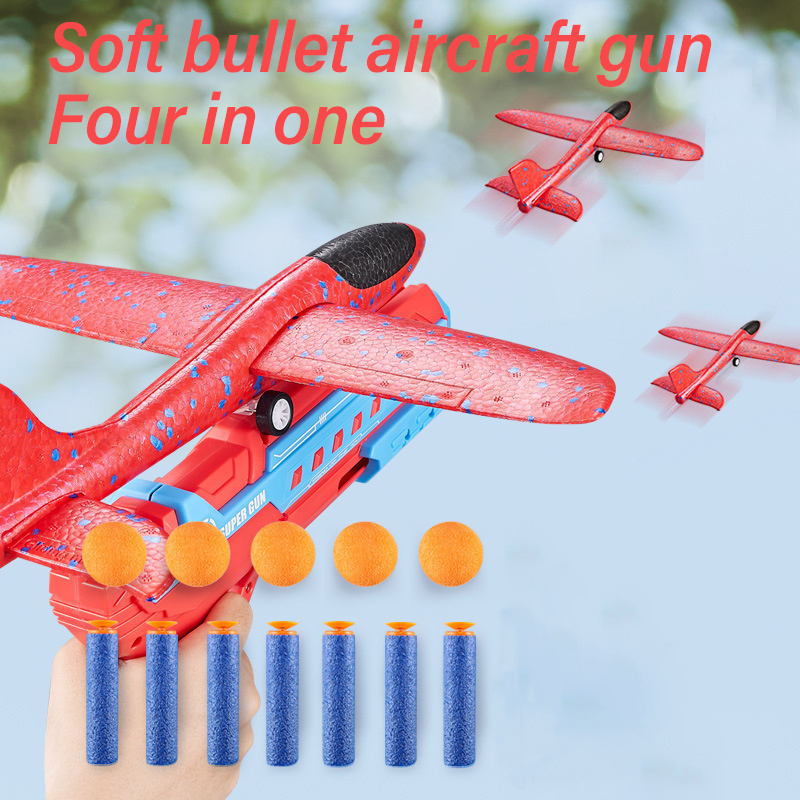 Kid Summer Outdoor Flying Plane Gun Toy 4 In 1 Ejection Foam Flying Glider Airplane Soft Bullet Paint Ball Gun Shooting Toys Set