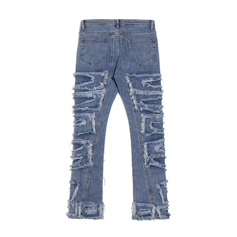 Retro Hole Ripped Distressed Jeans for Men Straight Washed Hip Hop Loose Denim Trousers Casual Male Stacked Jean Pants Men