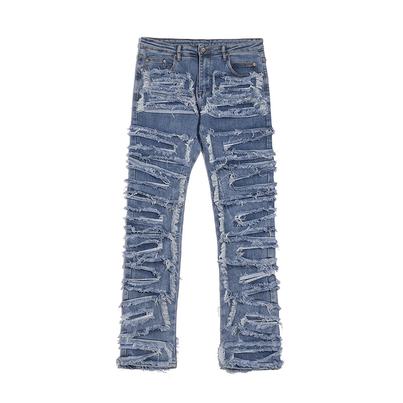 Retro Hole Ripped Distressed Jeans for Men Straight Washed Hip Hop Loose Denim Trousers Casual Male Stacked Jean Pants Men